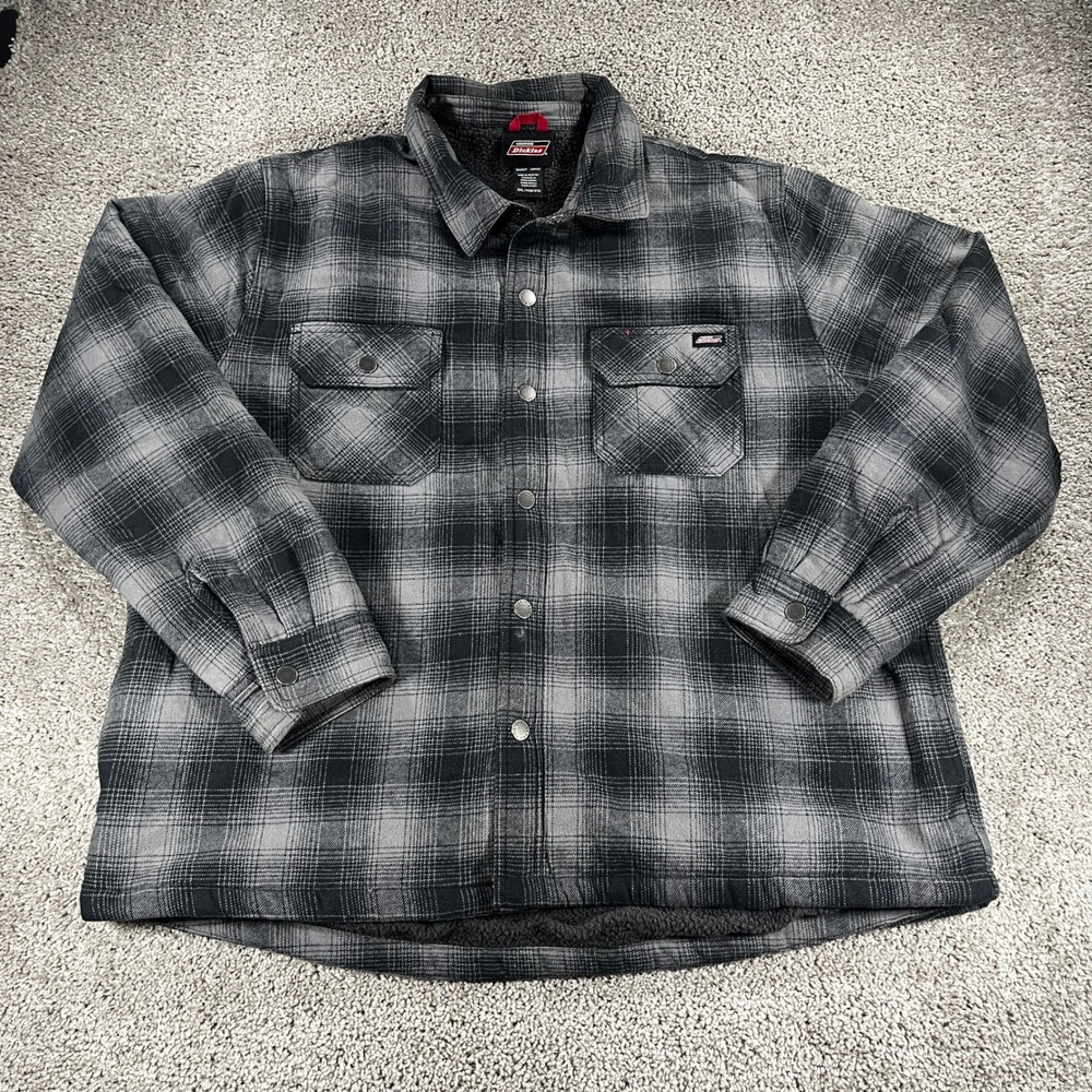 Genuine Dickies Mens 2XL Gray Black Plaid Sherpa Lined‎ Flannel Shirt Jacket